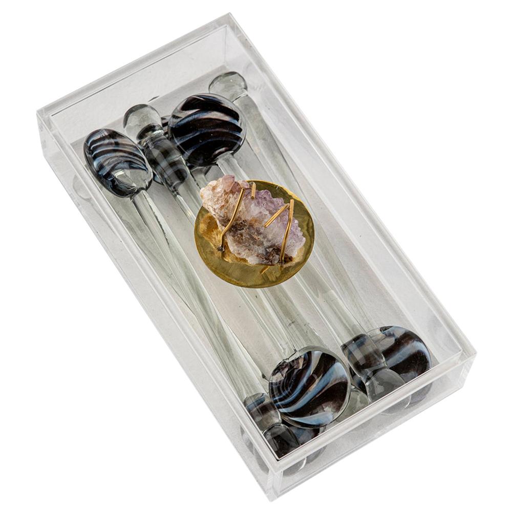 Modern Glass Swizzle Stick Bar Set Presented in an Agate Decorated Lucite Box