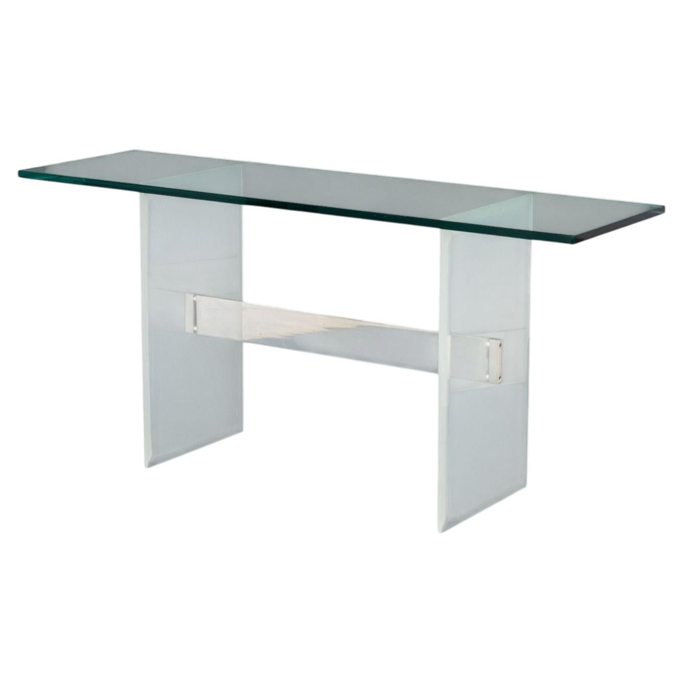 Modern Glass Top Console Table with Lucite and Steel Base For Sale