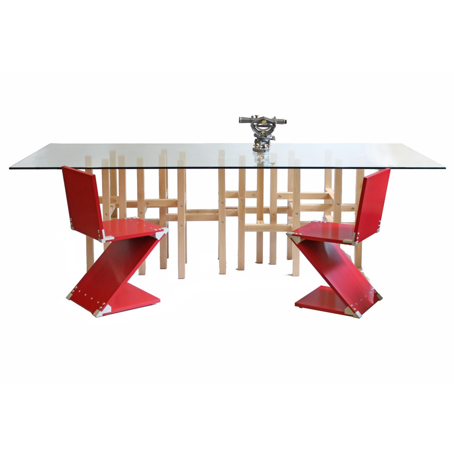 Industrial Modern Glass Top Dining Table by Peter Harrison, In Stock
