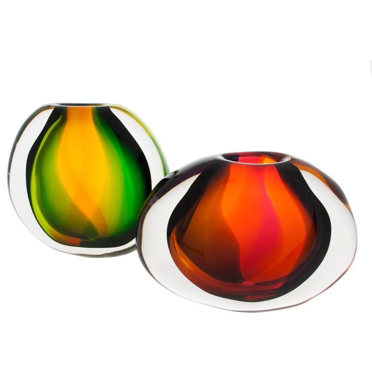 Modern Glass Vase, Sunset Low Flat Oval by Siemon and Salazar For Sale