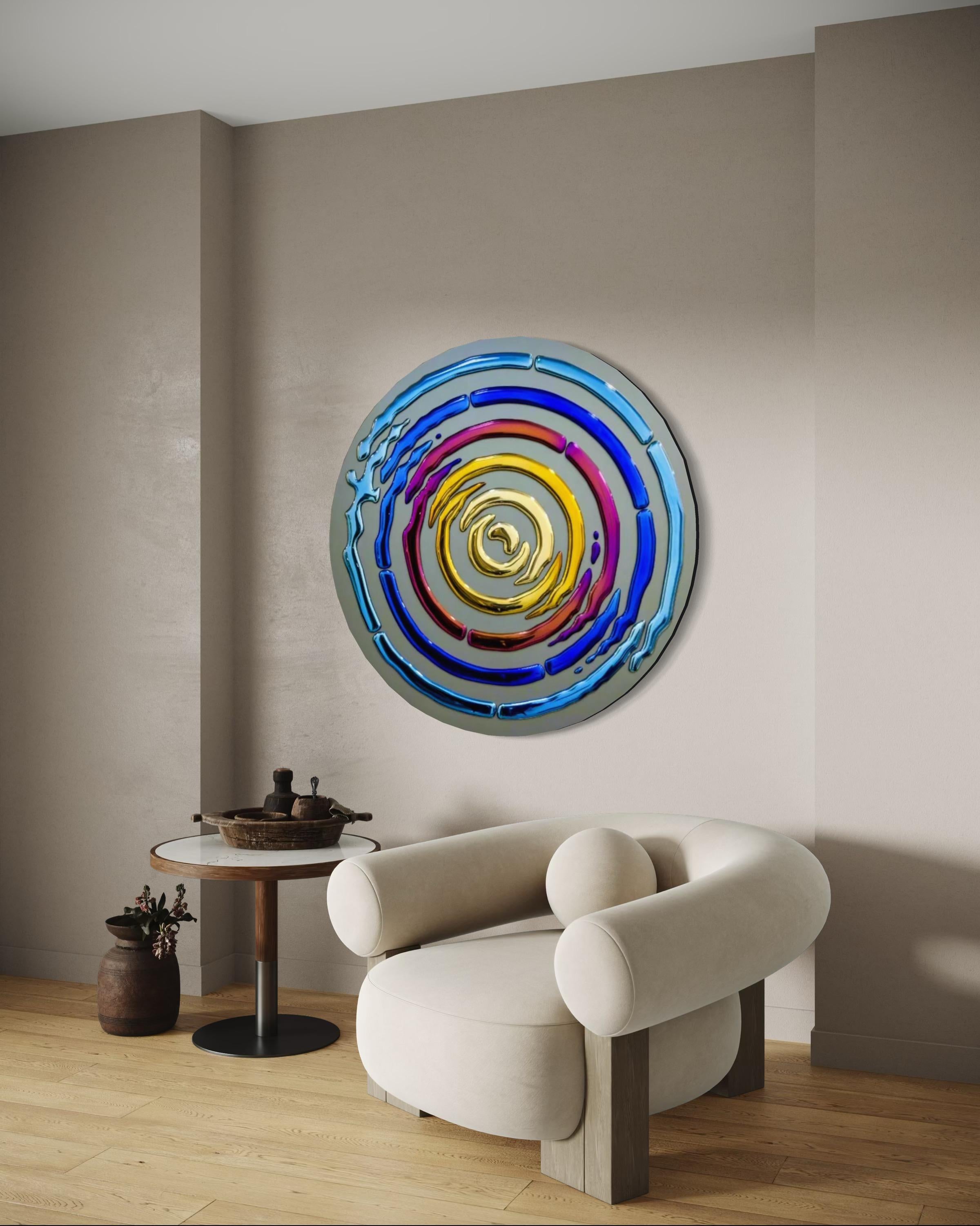 Das Alternative Interference Circle Mural ist ein fesselndes Wanddekor aus Glas mit konzentrischen Kreisen aus verschiedenfarbigem Glas, das einen visuell dynamischen und farbenfrohen Blickpunkt für jeden Innenraum bildet. Die fachmännisch