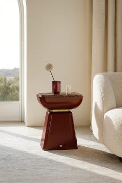Modern Glossy Bordeaux Lacquer Side Table with Rosso Levanto Marble Top