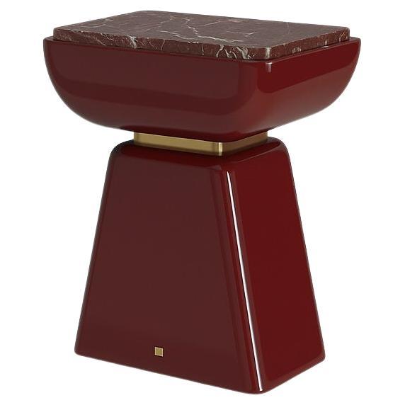 Table d'appoint moderne en laque bordeaux brillante avec « Rosso Levanto »  Dessus en marbre en vente