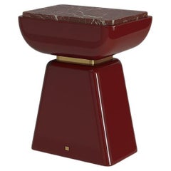Modern Glossy Bordeaux Lacquer Side Table with Rosso Levanto Marble Top