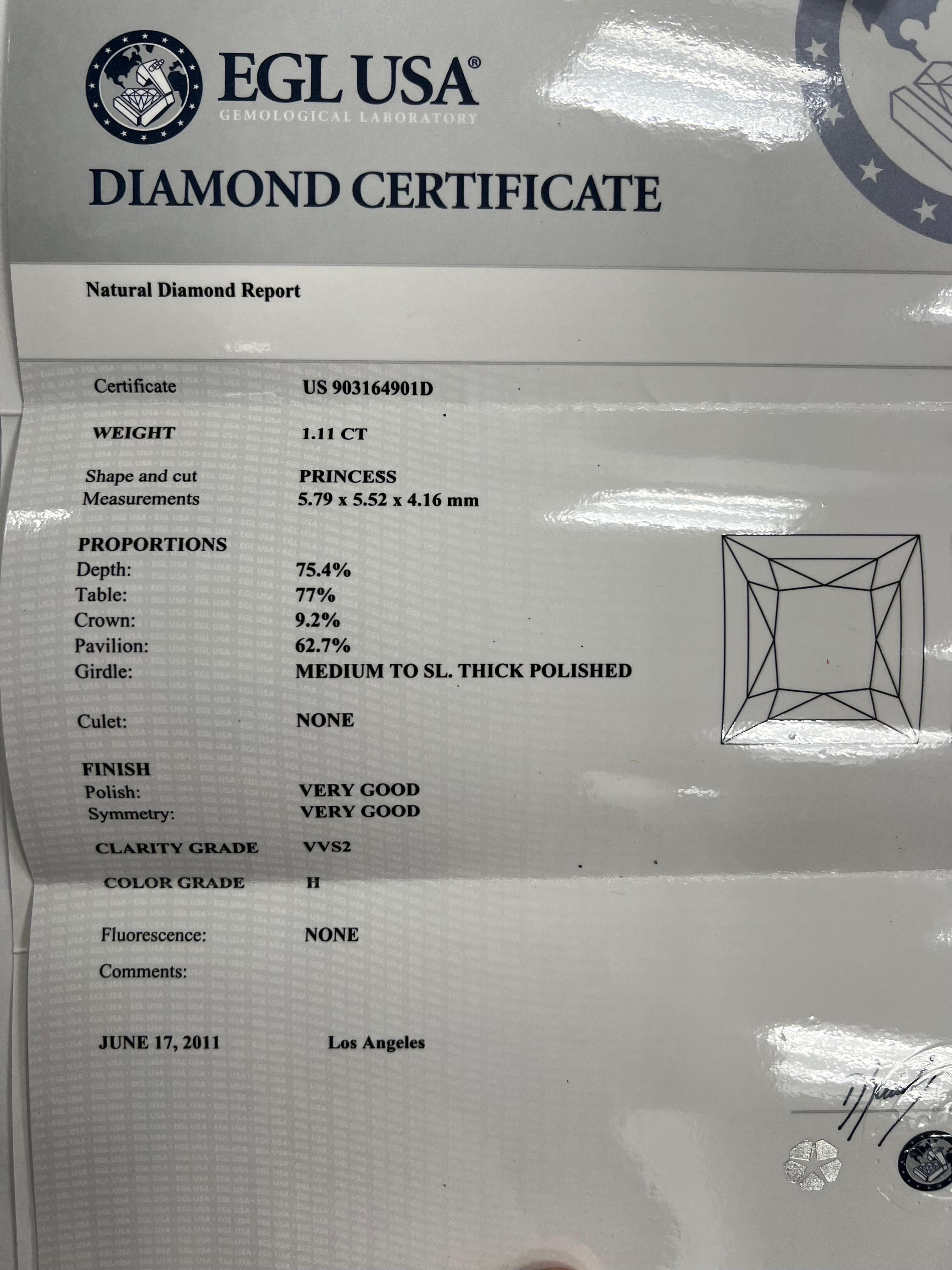 Moderner Gold 1,11 Karat EGL USA zertifizierter natürlicher H VVS2 Prinzessin-Diamantring, modern (Carréschliff) im Angebot