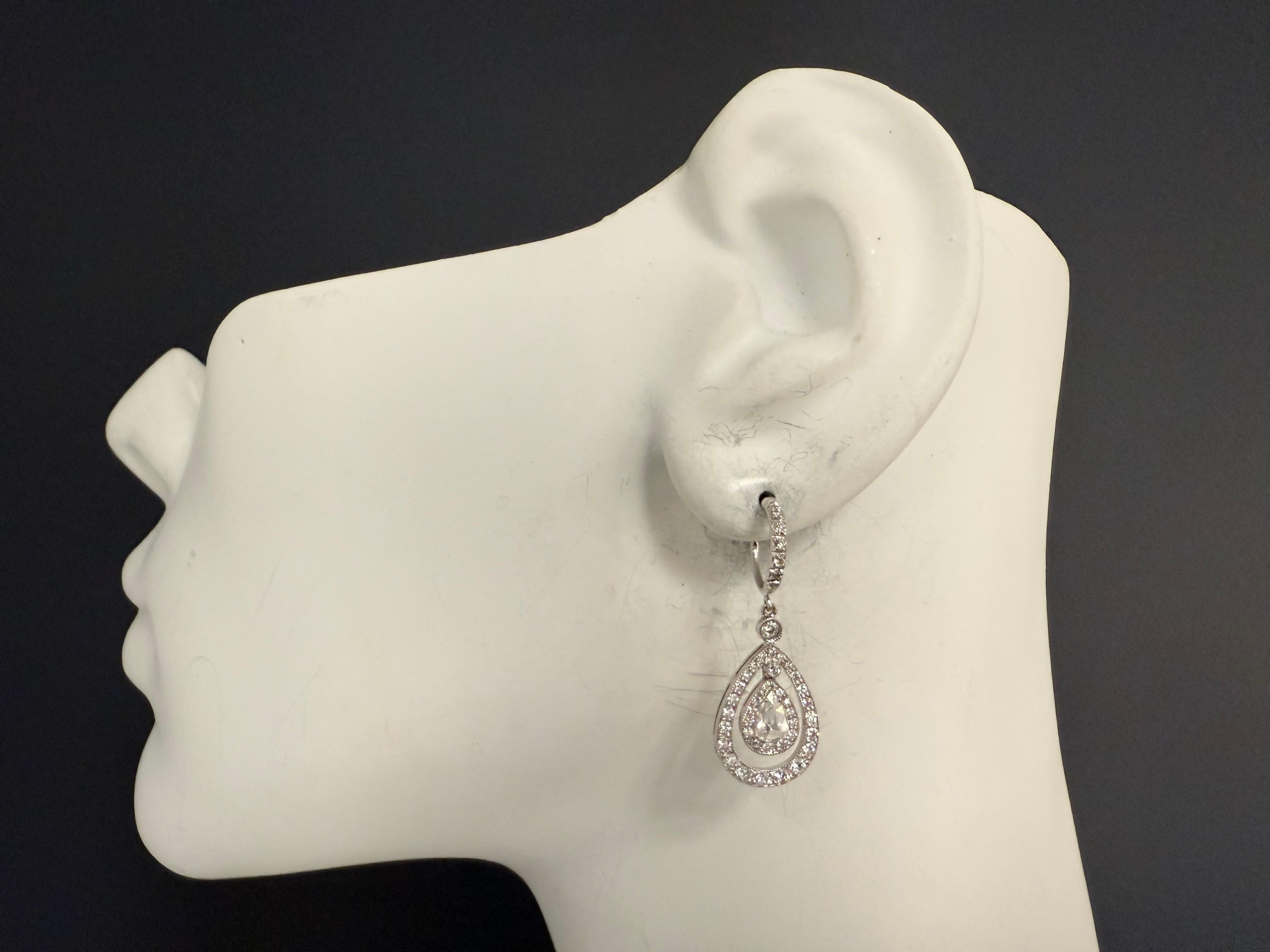 Women's Modern Gold 1.5 Carat Natural Colorless Diamond Pear Rose Cut Drop Earrings For Sale