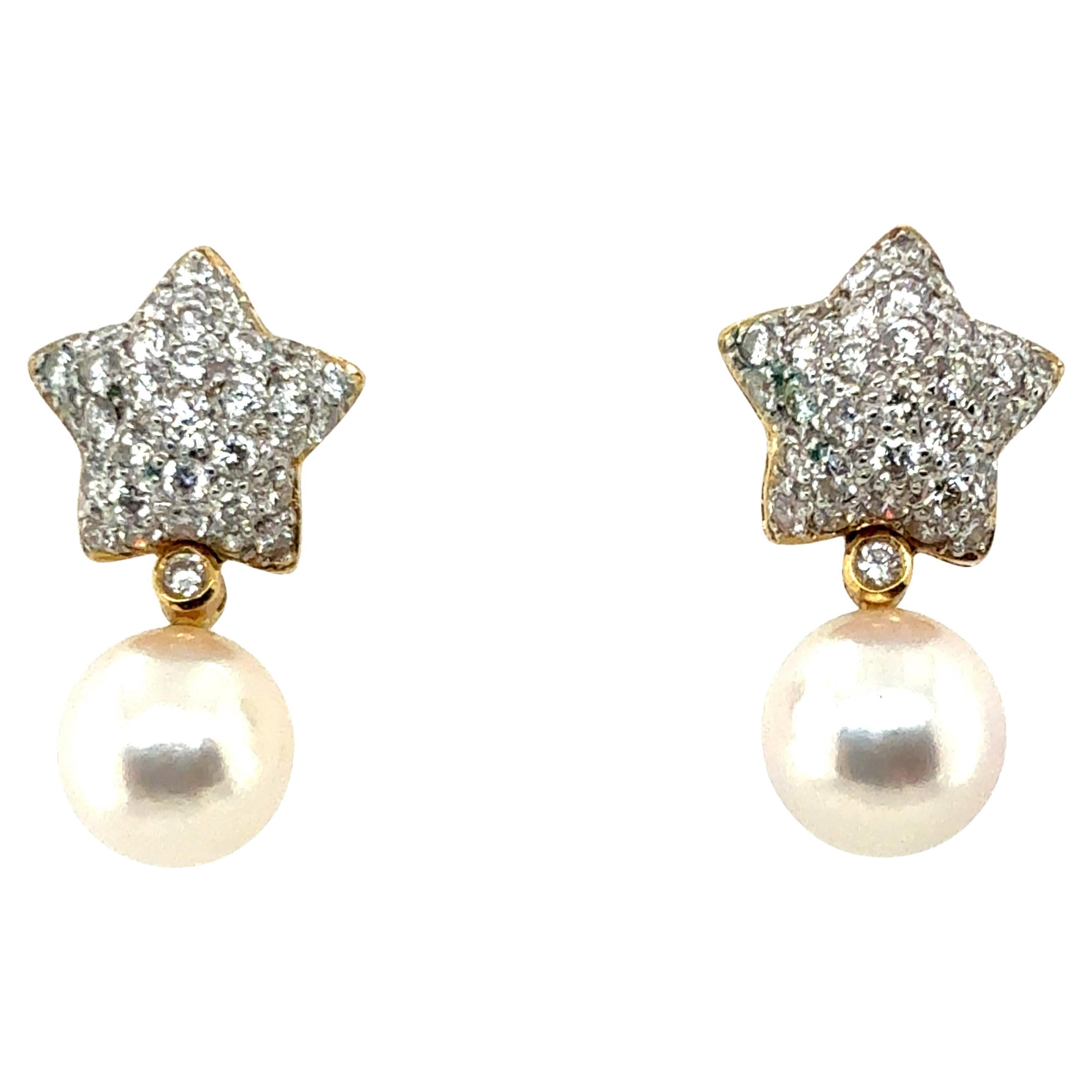Moderne Gold 1,5 Karat Naturdiamant und Südseeperle Stern Ohrringe im Angebot