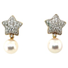 Moderne Gold 1,5 Karat Naturdiamant und Südseeperle Stern Ohrringe
