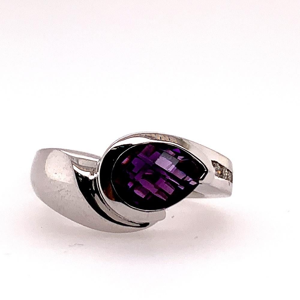 Pear Cut Modern Gold 1.55 Carat Natural Purple Amethyst & Diamond Cocktail Gem Stone Ring