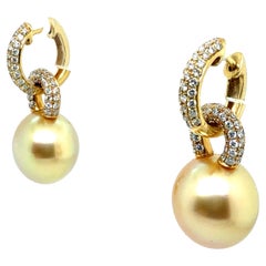 Pendientes de Oro Moderno con Diamante Natural de 1,5 ct y Perla del Mar del Sur Champaña