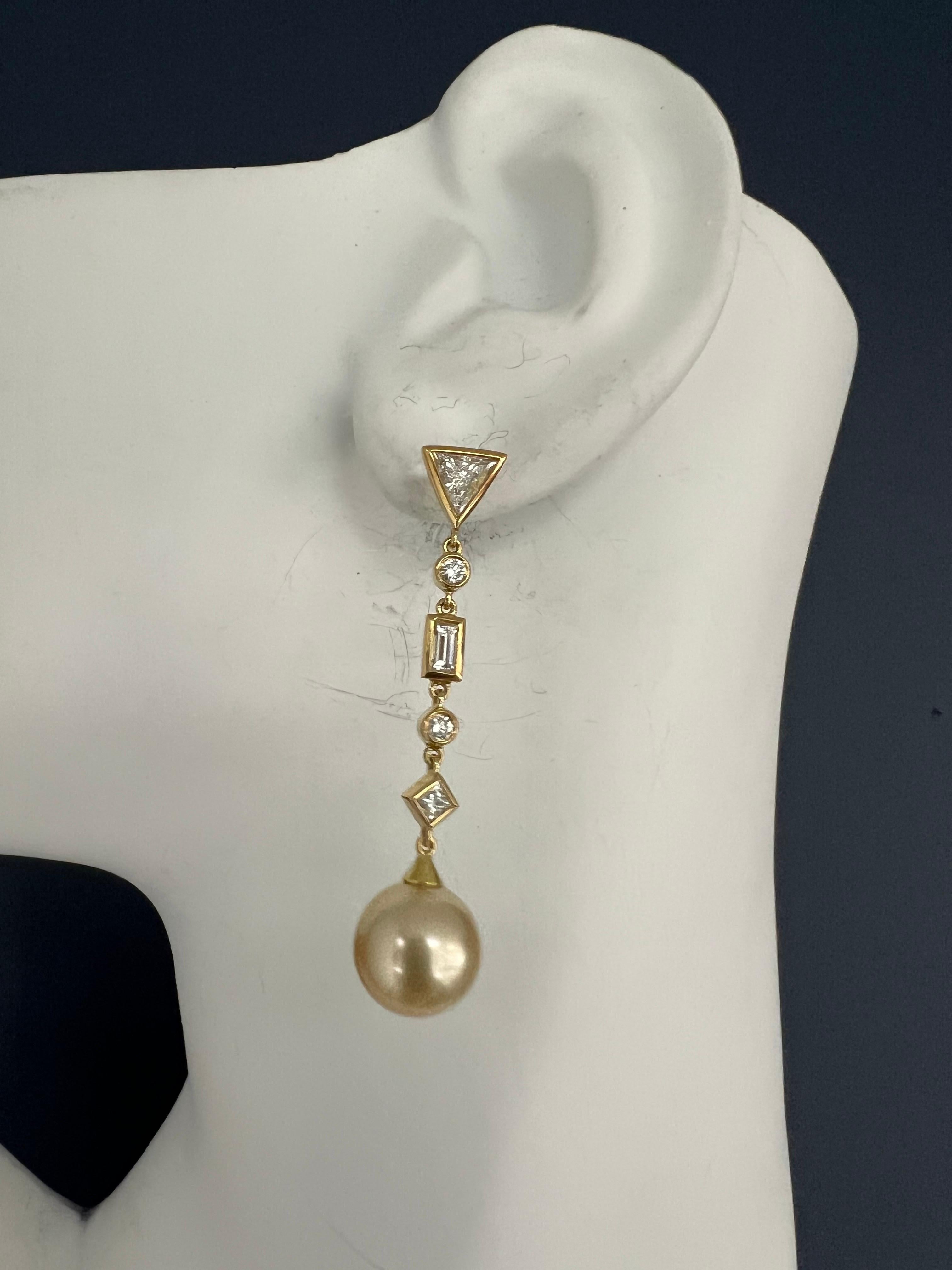 Baguette Cut Modern Gold 2.08 Carat Natural Diamond and Golden South Sea Pearl Drop Earrings For Sale
