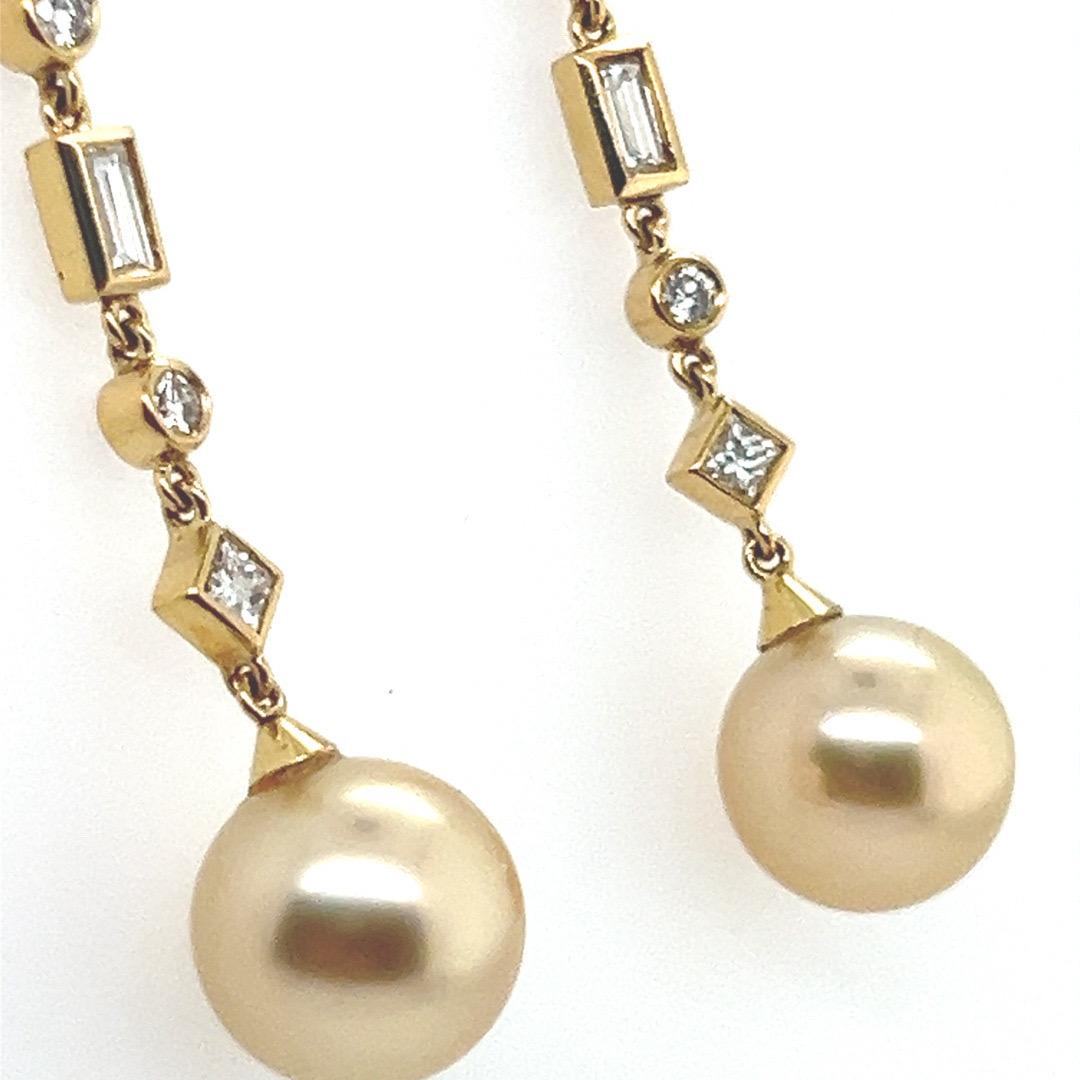 Modern Gold 2.08 Carat Natural Diamond and Golden South Sea Pearl Drop Earrings In Good Condition For Sale In Los Angeles, CA