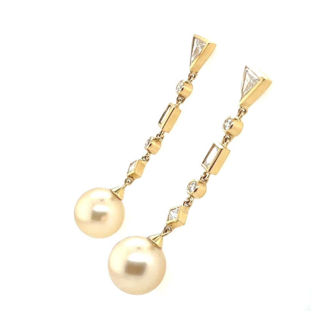 Women's Modern Gold 2.08 Carat Natural Diamond and Golden South Sea Pearl Drop Earrings For Sale