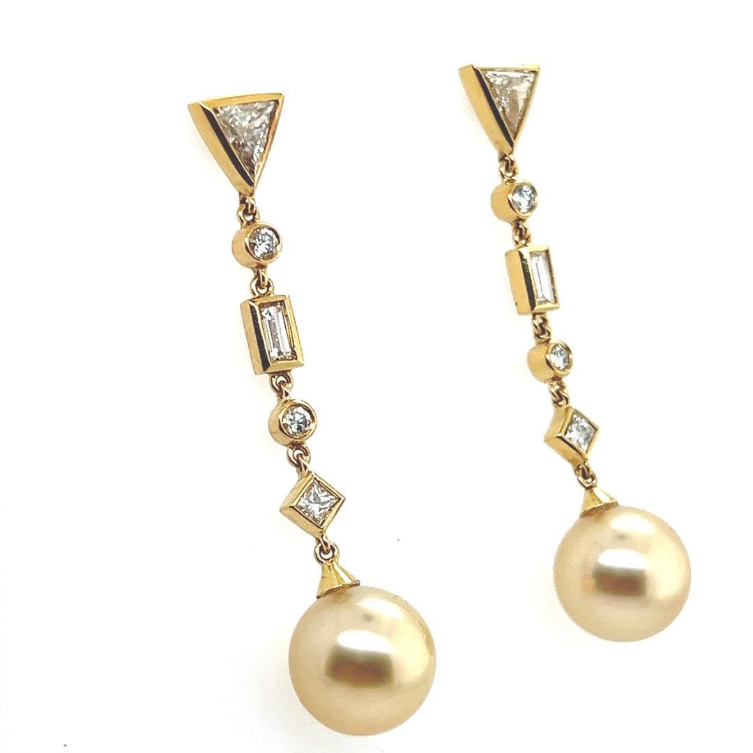 Modern Gold 2.08 Carat Natural Diamond and Golden South Sea Pearl Drop Earrings For Sale 1
