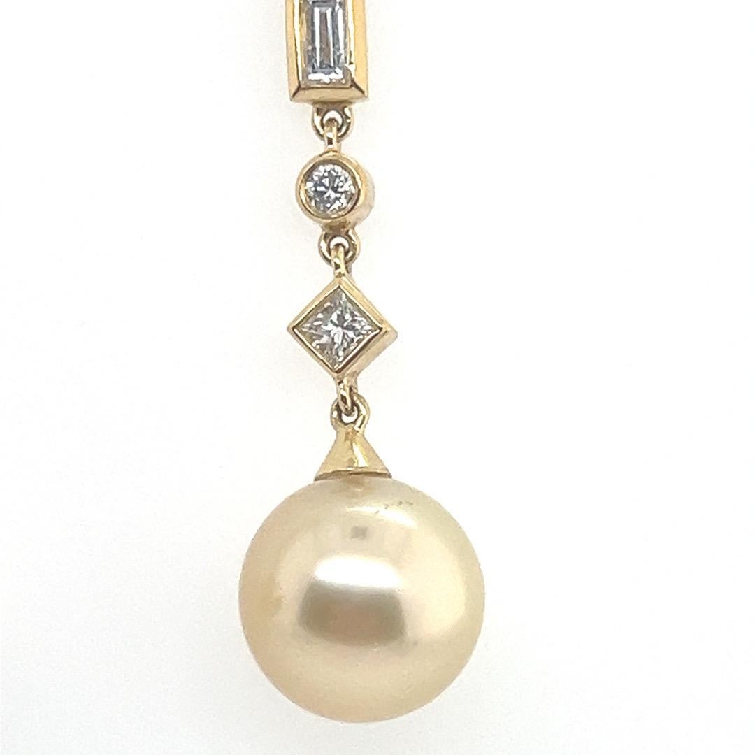 Modern Gold 2.08 Carat Natural Diamond and Golden South Sea Pearl Drop Earrings For Sale 4