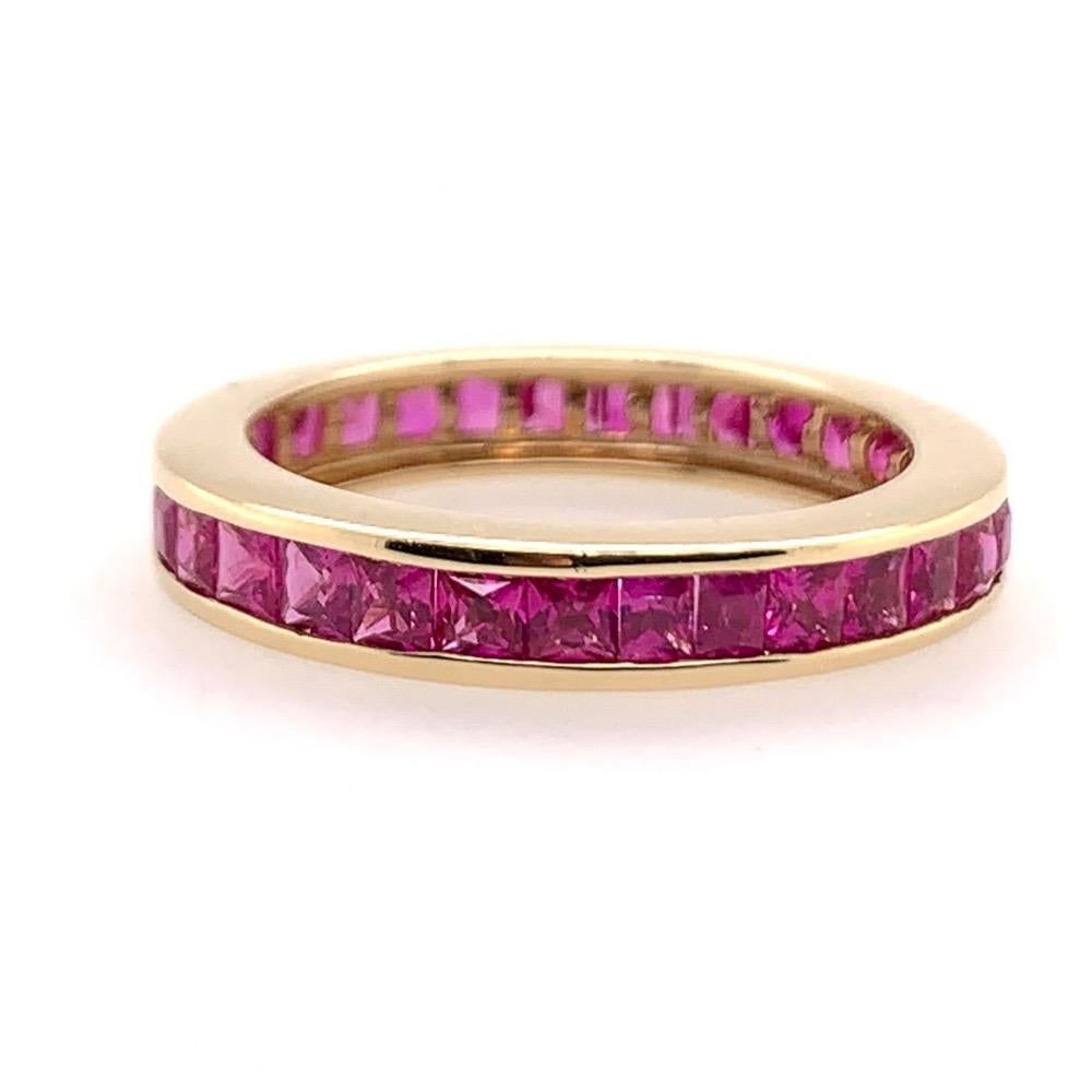 Stunning 14k Yellow Gold Ring, Size 7.25, weight is 3.7 grams.

Modern Gold 2.18 Carat Natural Thai Ruby Square 2.25mm Eternity Band Gem Stone. 