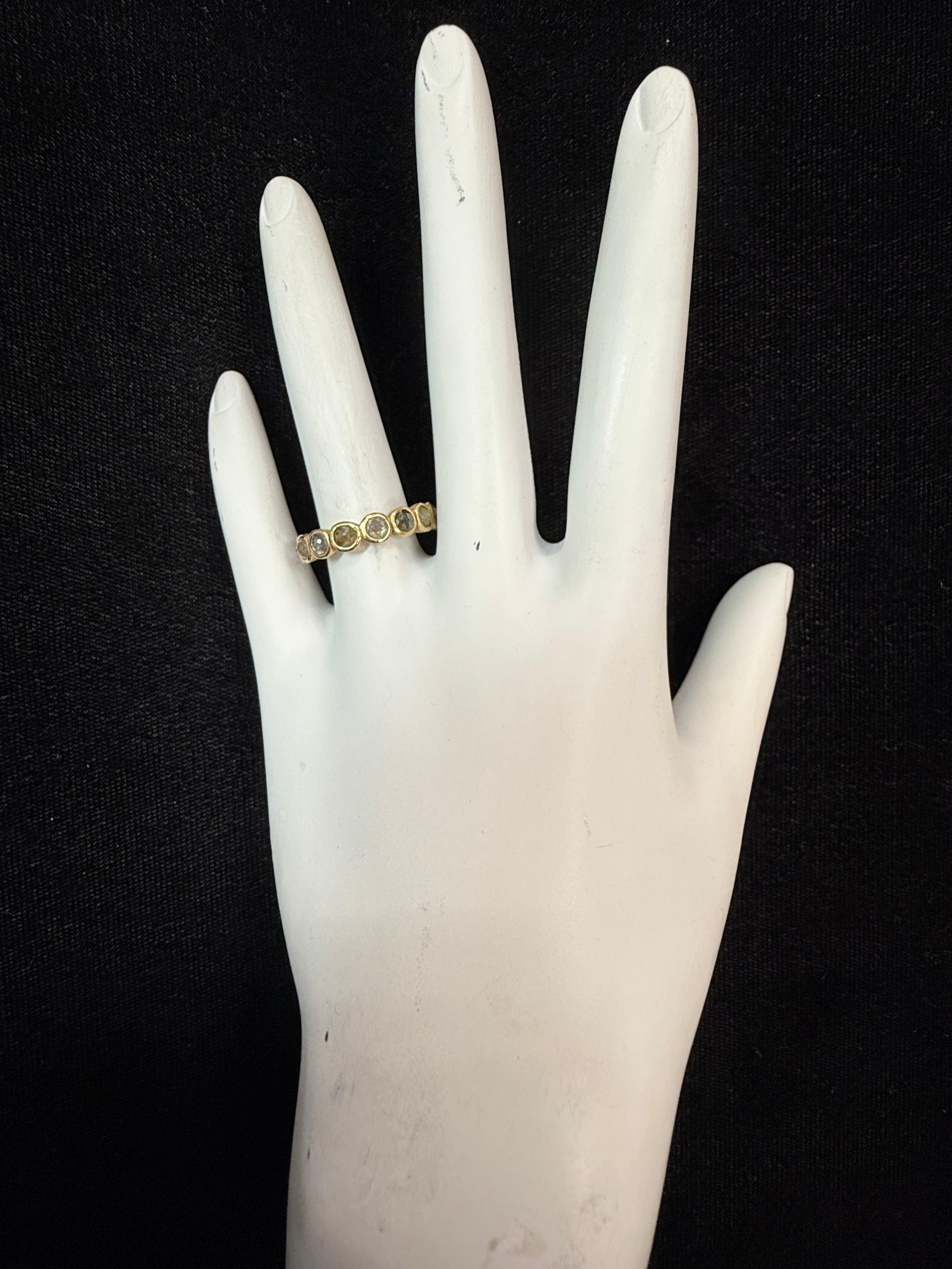 Modern gold eternity band set with 15 natural rose-cut multicolor diamonds totaling approximately 3 carats. The brushed finish and alloy color have a warm tone, reminiscent of rose gold. The band measures 4.3 mm wide, weighs 3.1 grams, and is a size