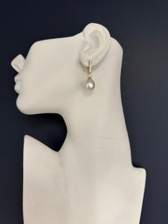 Modern Gold .35 Carat Natural Diamond & 12.5mm South Sea Pearl Drop Earrings
