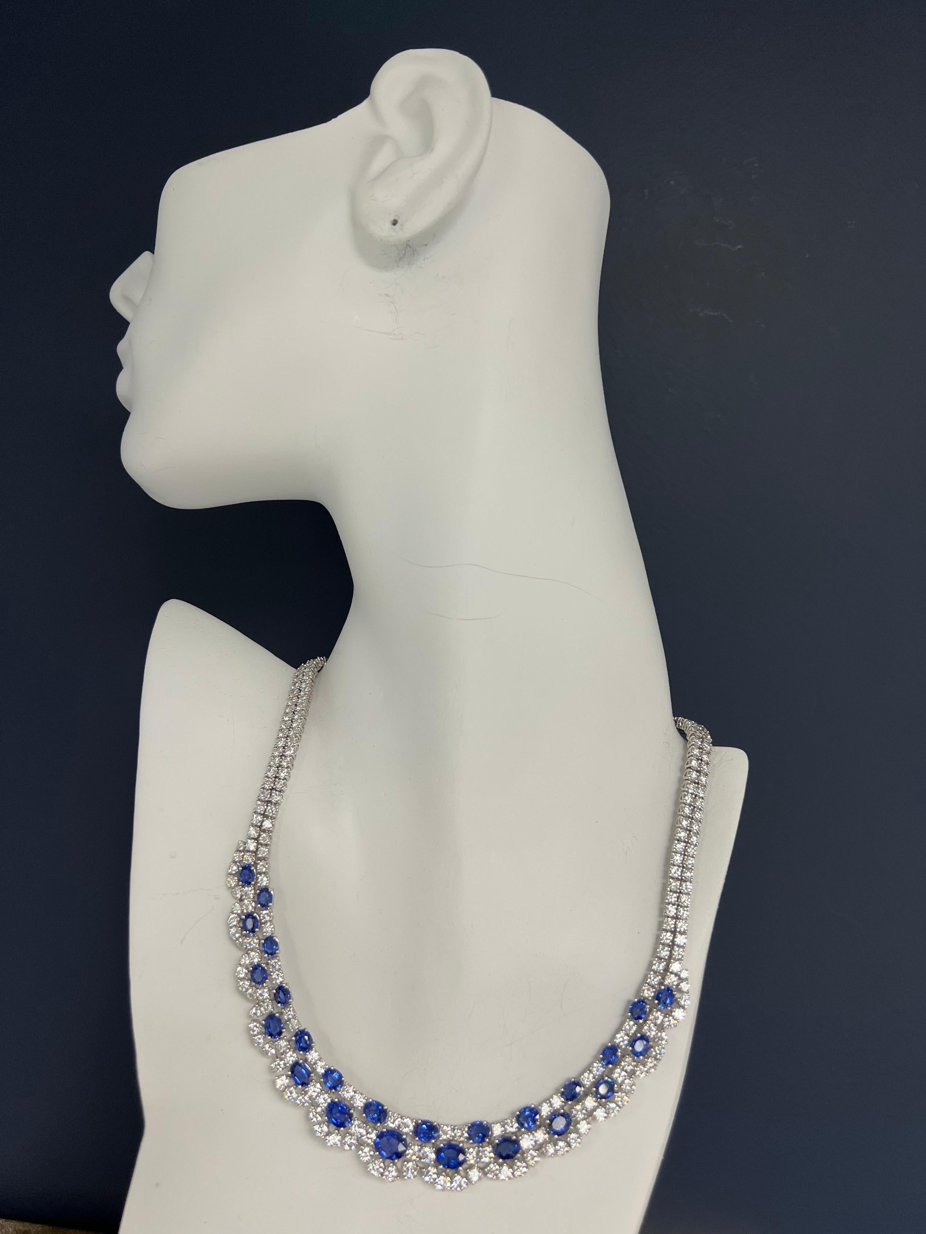 A stunning ladies 18k White Gold Natural Royal Blue Sapphire and Diamond Necklace made in the Province of Alessandra, Italy. 

The sapphires are Sri Lankan material and custom cut to a perfectly calibrated layout that slightly graduates. The natural