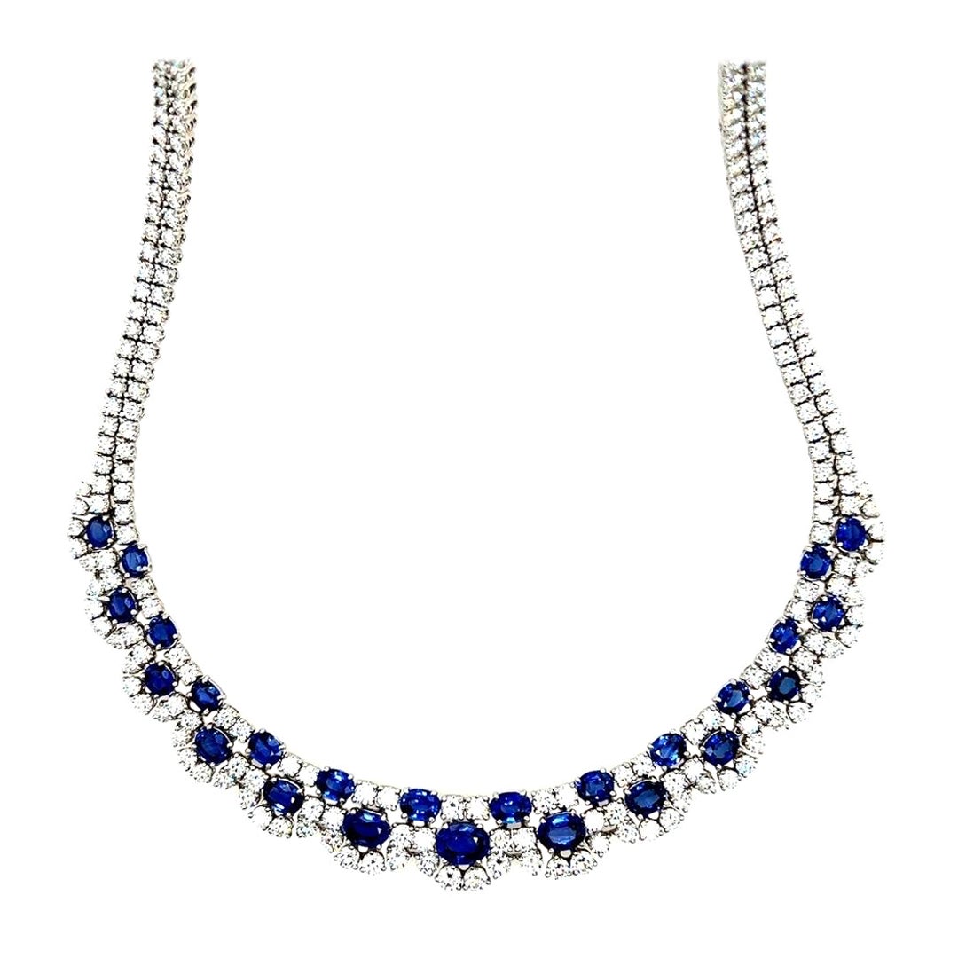 Modern Gold 37 Carat Natural Colorless Diamond & Blue Sapphire Italian Necklace For Sale