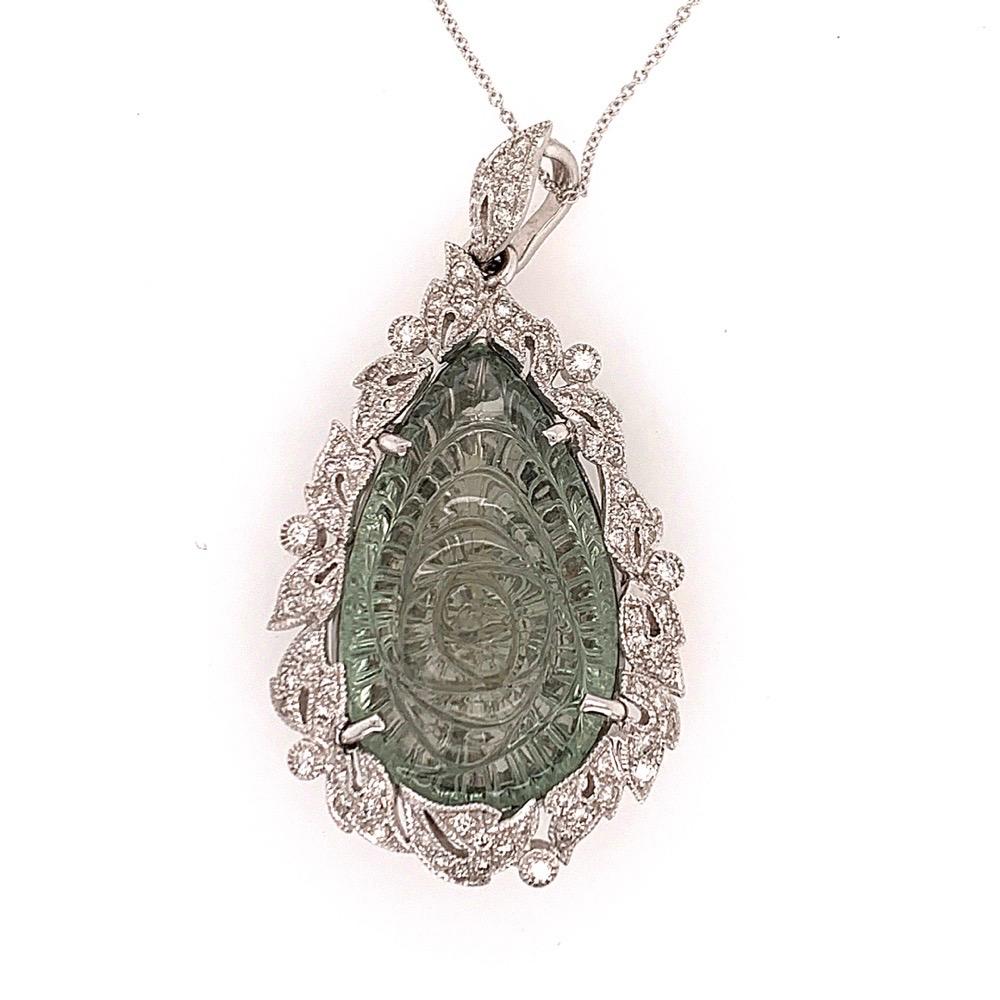Modern Gold 40.34 CT Natural Hand Carved Green Amethyst Quartz & Diamond Pendant In Good Condition In Los Angeles, CA