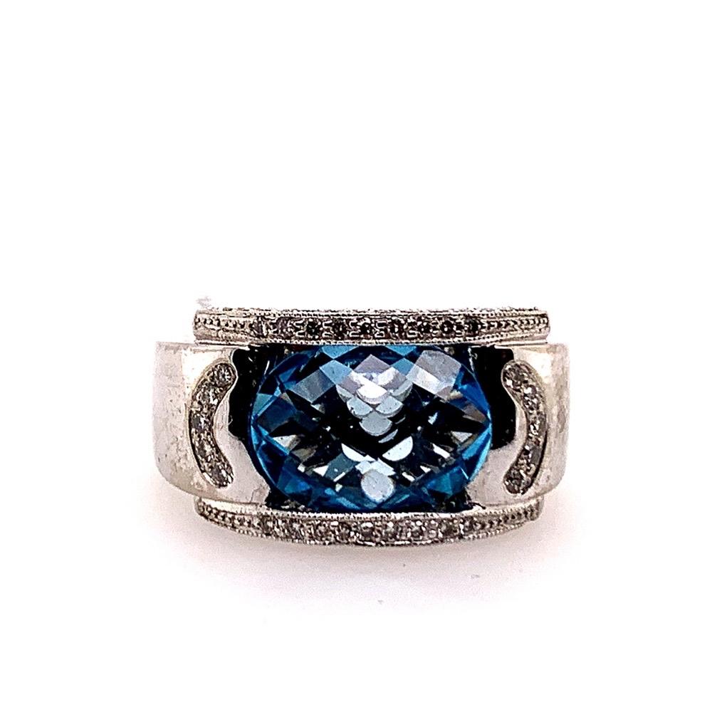 Modern Gold 5.43 Carat Natural Oval Blue Topaz & Colorless Diamond Cocktail Ring 1