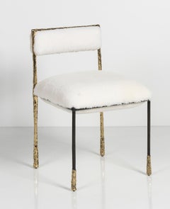 Modern Gold and Black Viking Dining Chair in Brass and Natural Fur Cushion