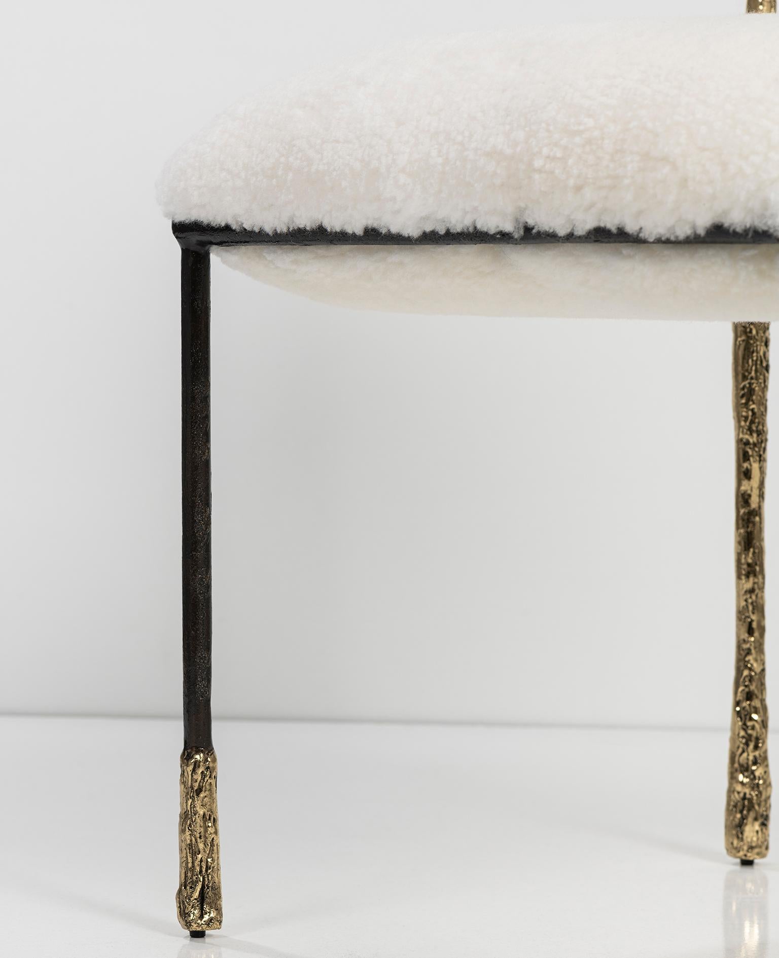 Portuguese Modern Gold and Black Viking Dining Chair in Brass and Natural Fur Cushion For Sale
