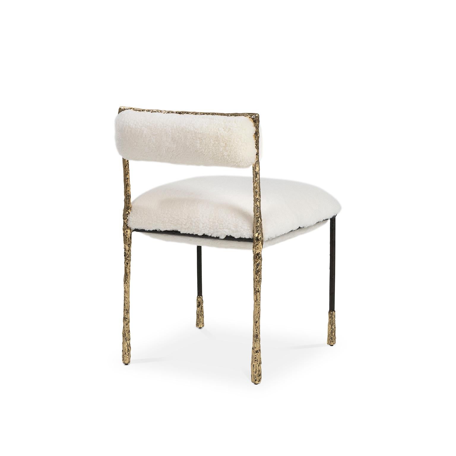 Cast Modern Gold and Black Viking Dining Chair in Brass and Natural Fur Cushion For Sale