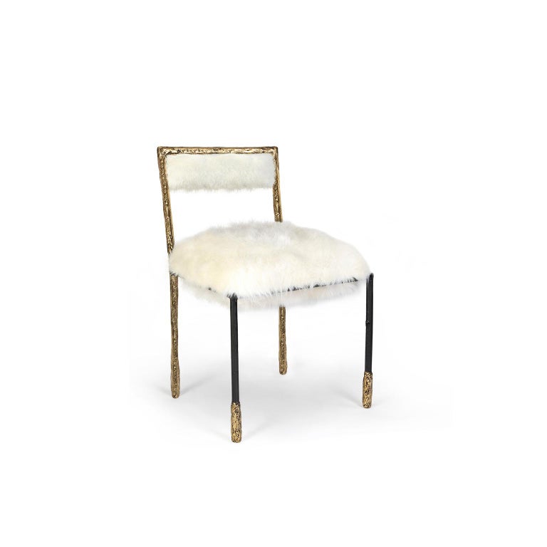 Modern Gold and Black Viking Dining Chair in Brass and Natural Fur