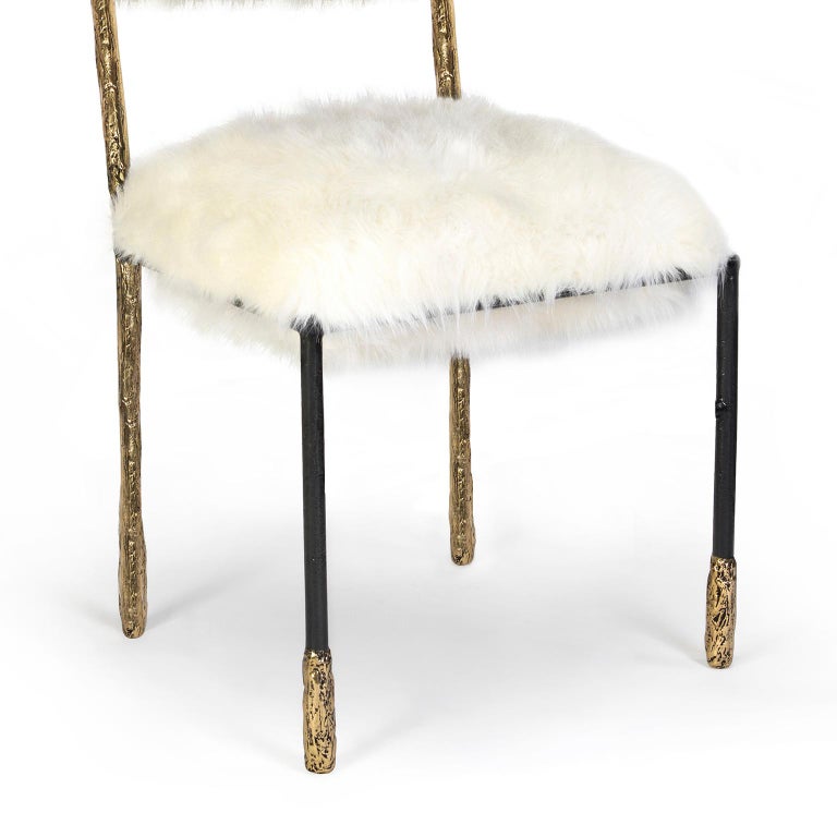 Modern Gold and Black Viking Dining Chair in Brass and Natural Fur