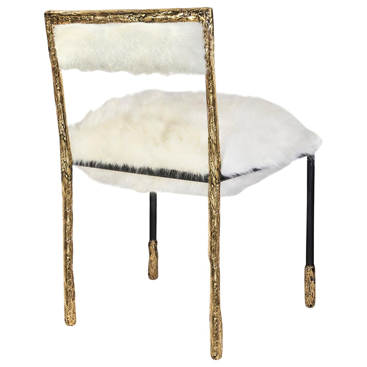 Modern Gold and Black Viking Dining Chair in Brass and Natural Fur