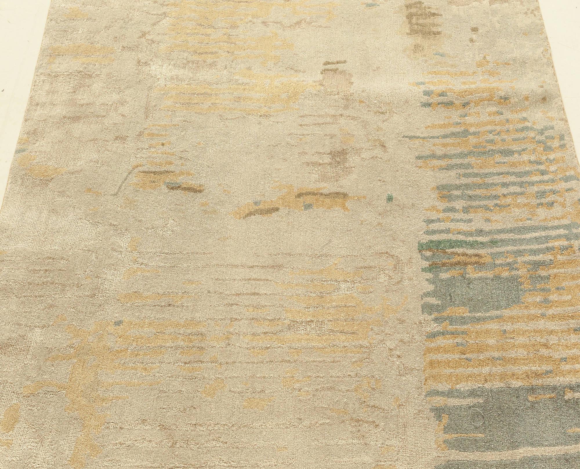 Moderner handgeknüpfter Woll-Seiden-Läufer in Gold, Blau und Grau von Doris Leslie Blau (Indisch) im Angebot