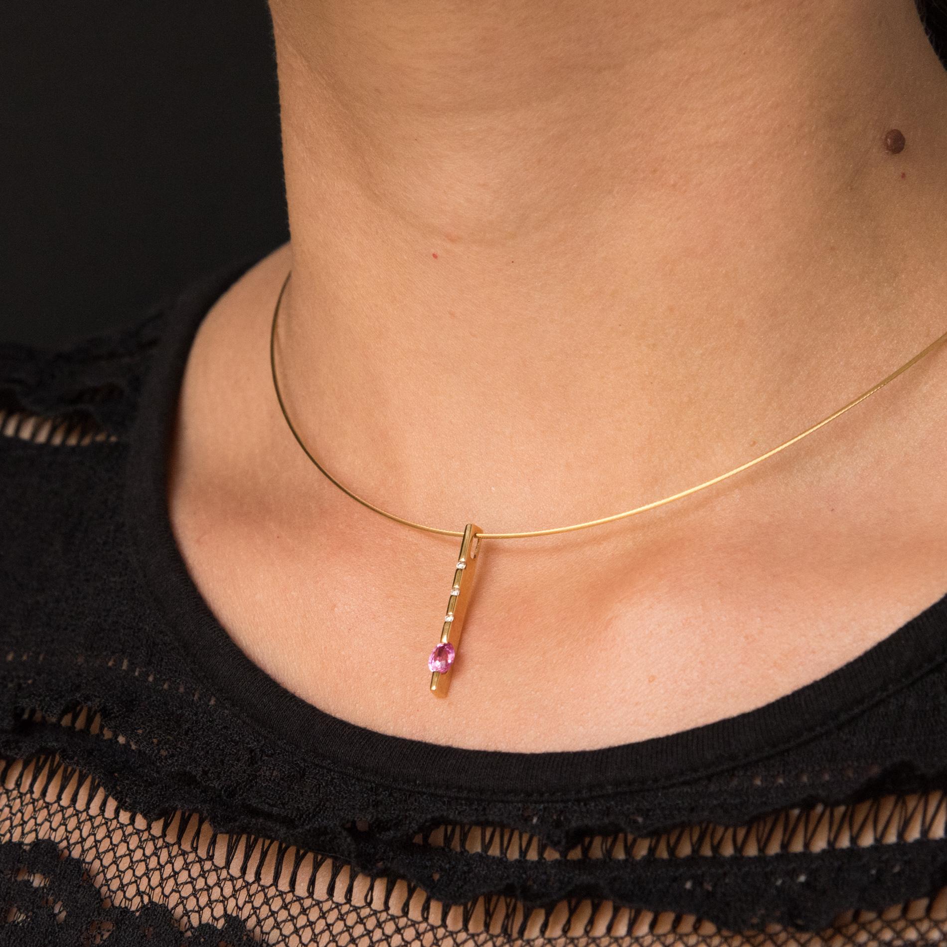 Women's Modern Gold Cable Necklace Diamond Pink Sapphire Pendant