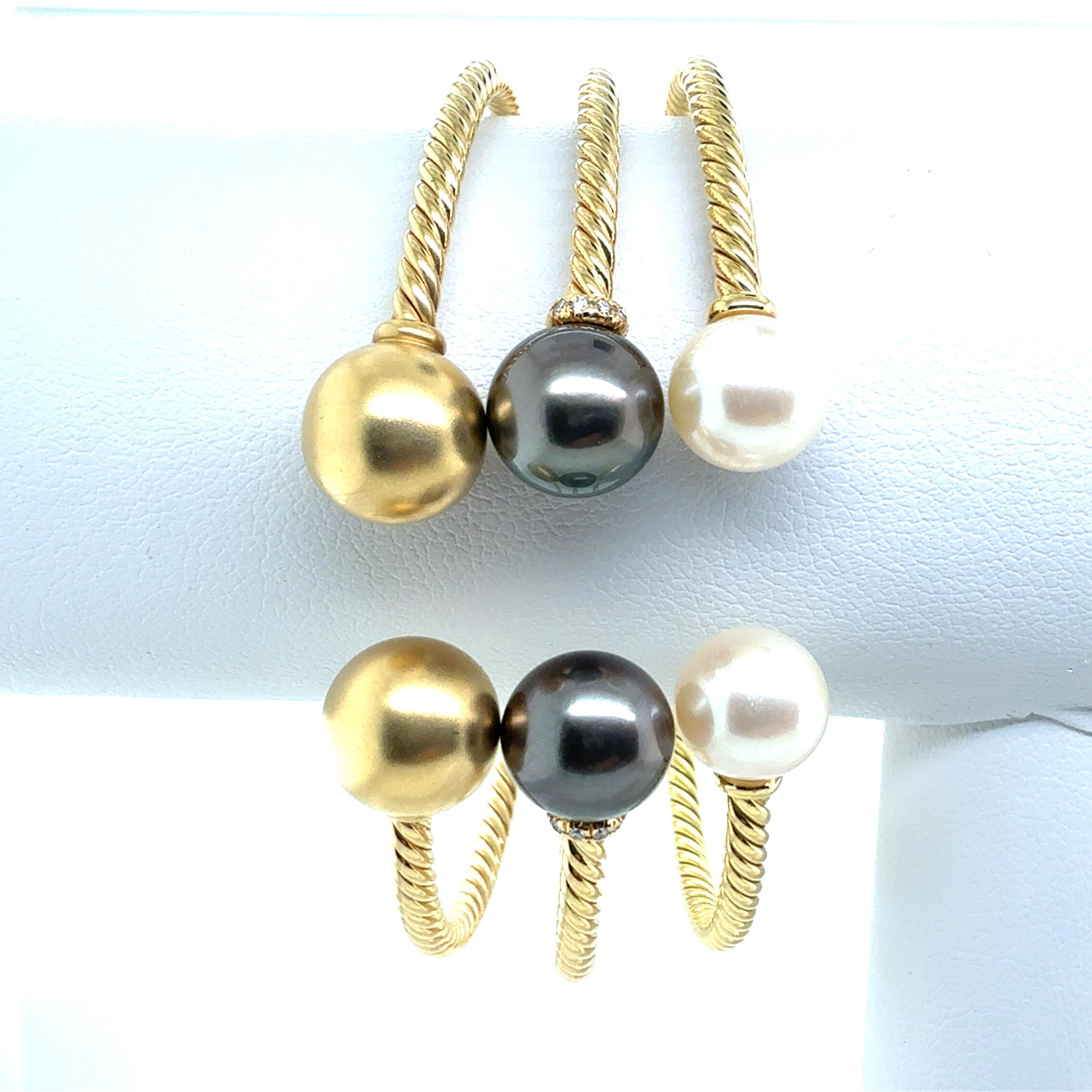 Modern Gold David Yurman Solari Pearl & Diamond Flex Bangle 3 Bracelet Set In Good Condition For Sale In Los Angeles, CA