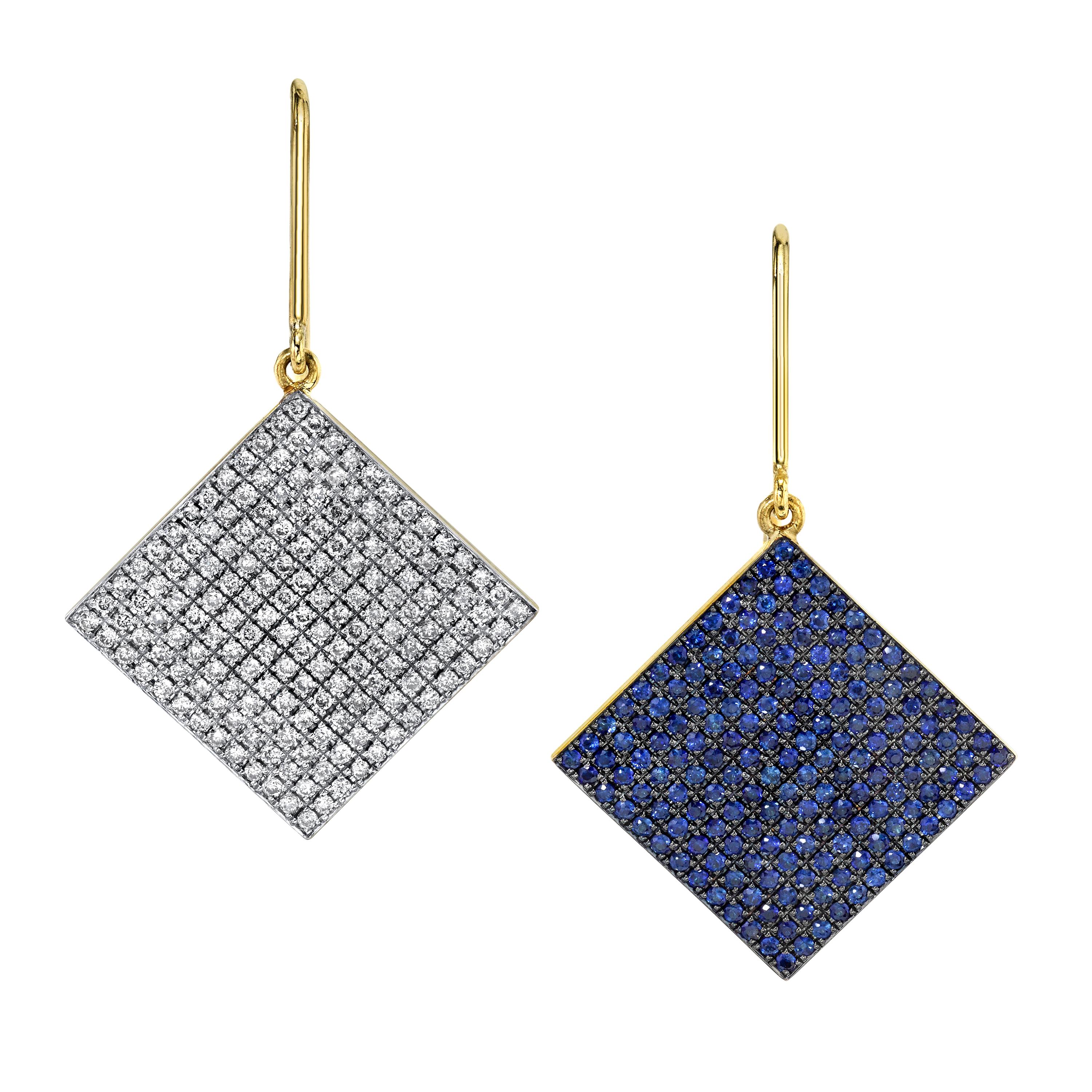 Modern Gold Earrings with Diamonds and Blue Sapphires  For Sale