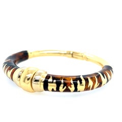 Modern Gold Enamel Inlay Tiger Stripe Pattern Italian Spring Hinged Bangle