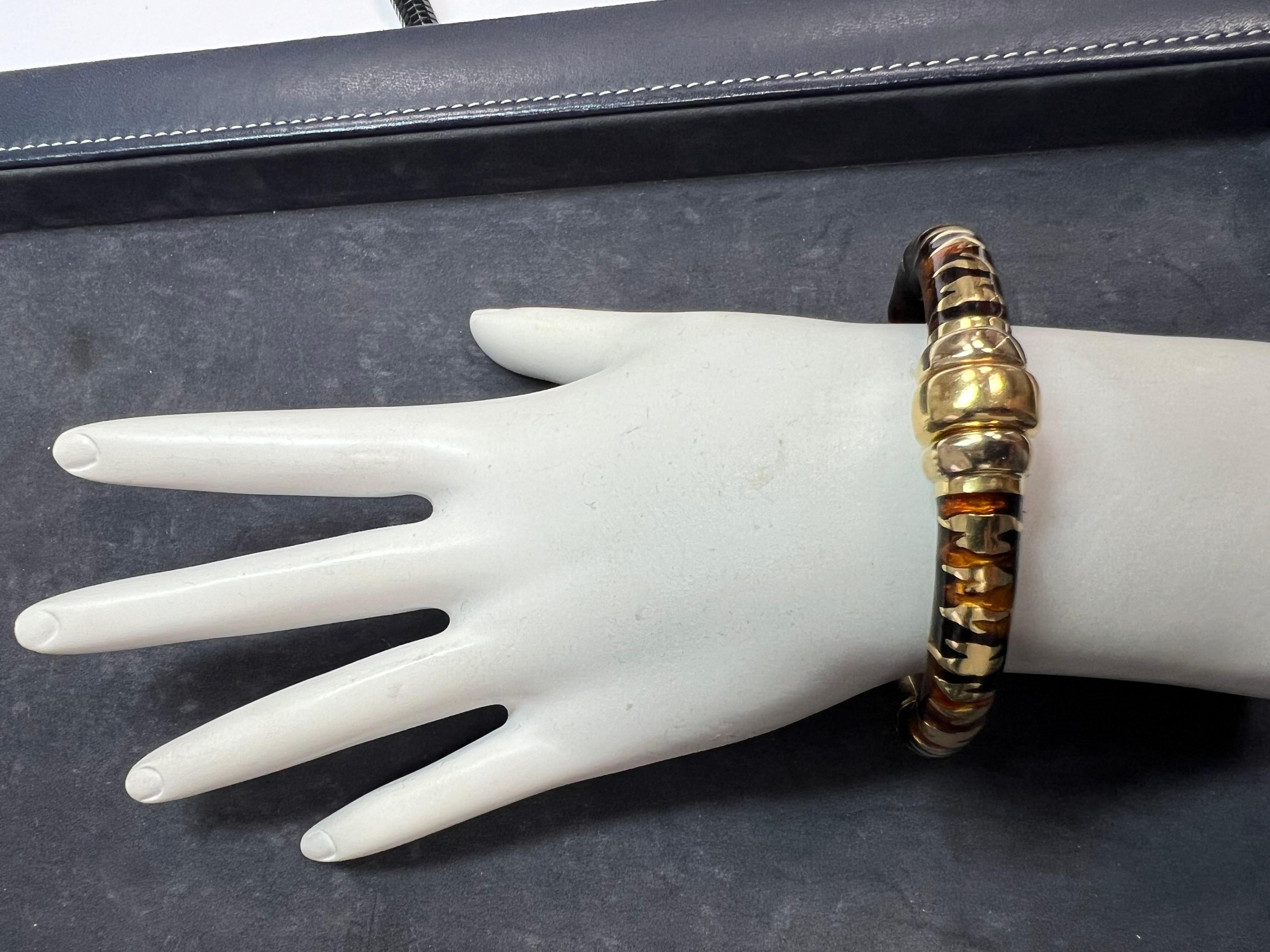 Women's Modern Gold Enamel Inlay Tiger Stripe Pattern Italian Spring Hinged Bangle For Sale