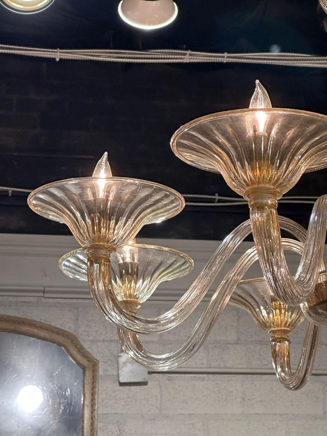 Contemporary Modern Gold Glass Murano Chandelier with 8 Arms For Sale