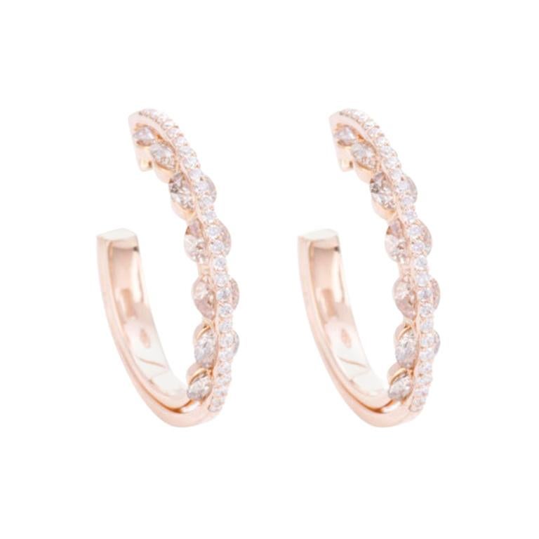 Modern Gold Hoop Earrings, White and Champagne Diamonds For Sale