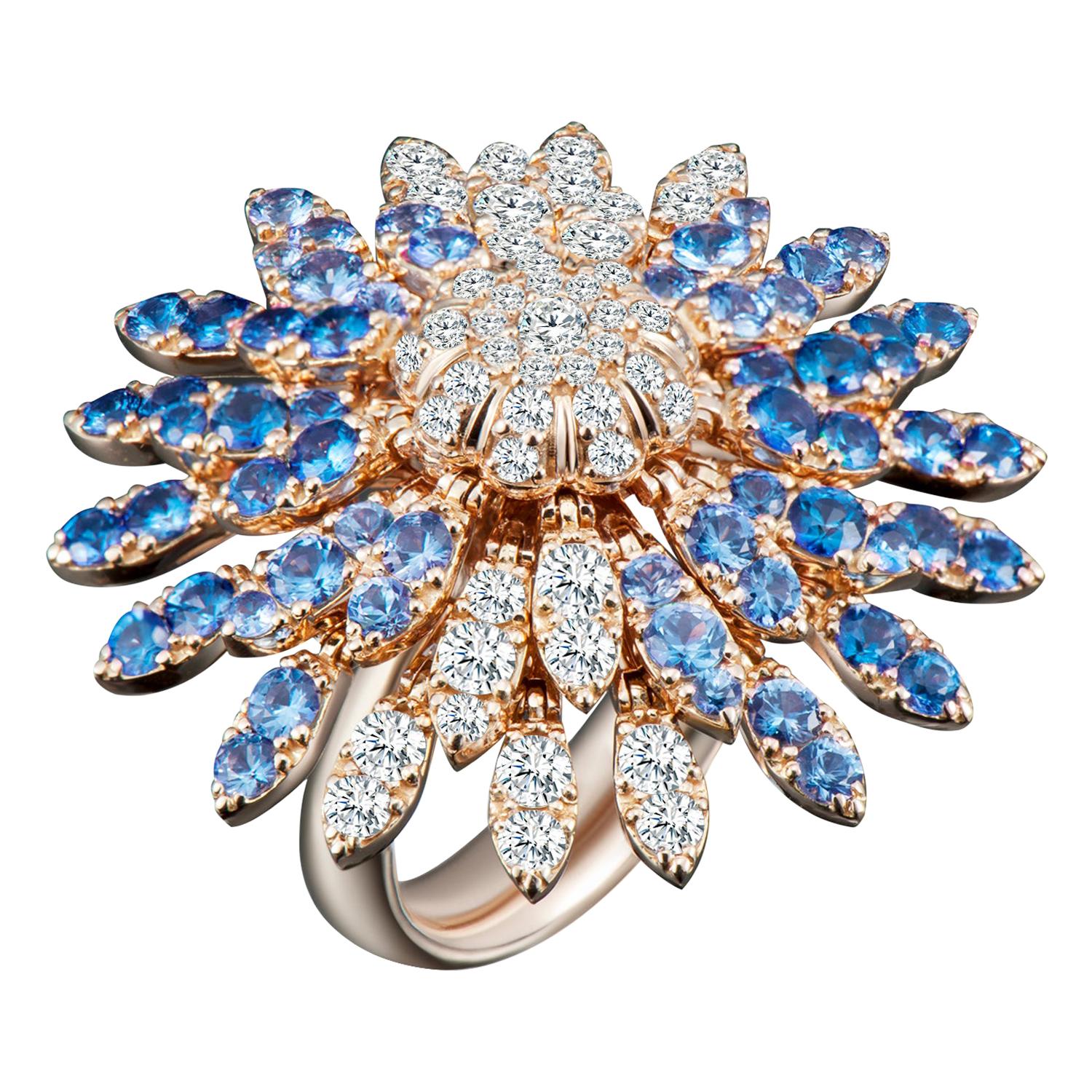Modern Gold Kinetic Flower Petal White Diamond and Blue Sapphire Cocktail Ring For Sale