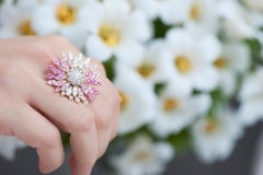 Modern Gold Kinetic Flower Petal White Diamond and Pink Sapphire Cocktail Ring