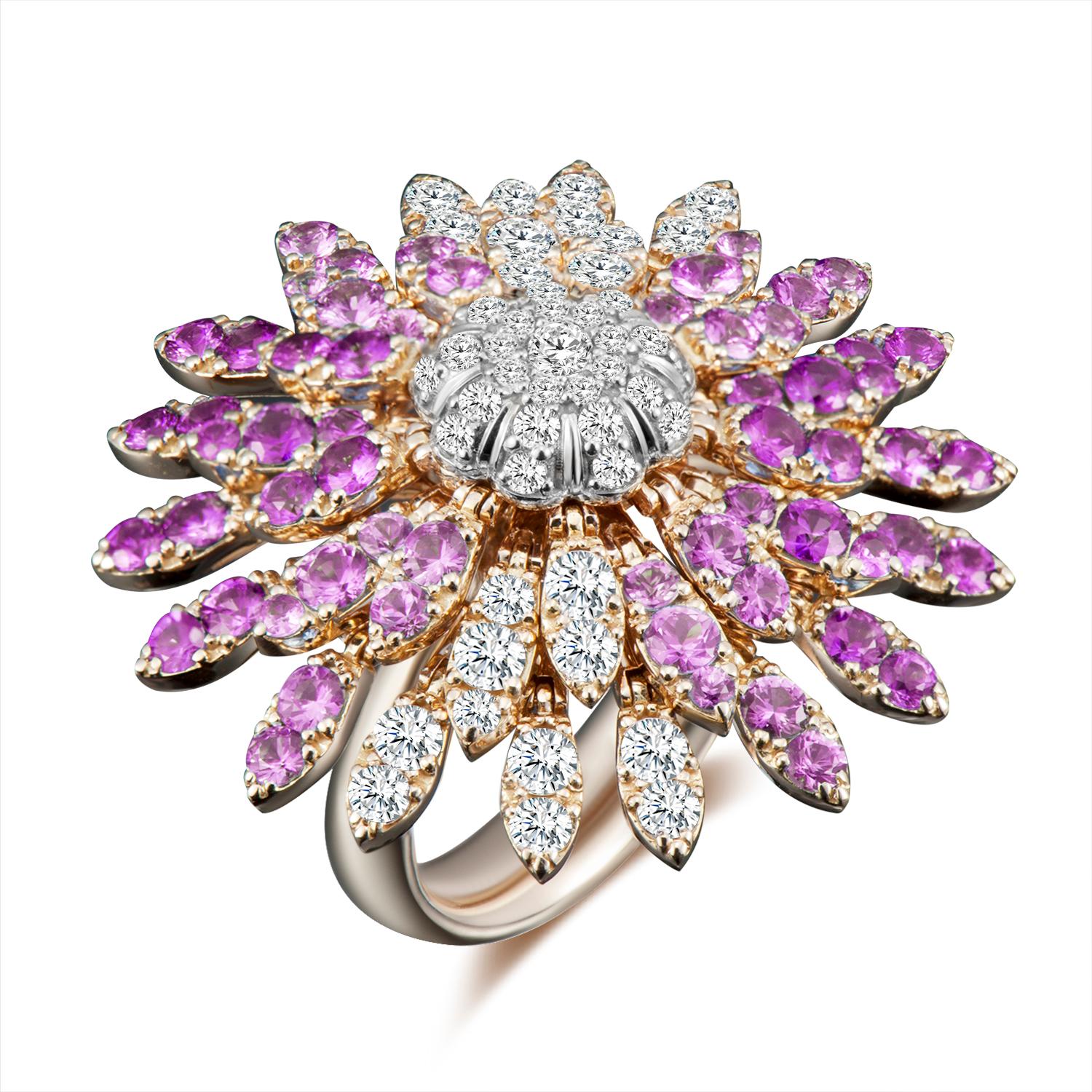 Round Cut Modern Gold Kinetic Flower Petal White Diamond and Pink Sapphire Cocktail Ring For Sale