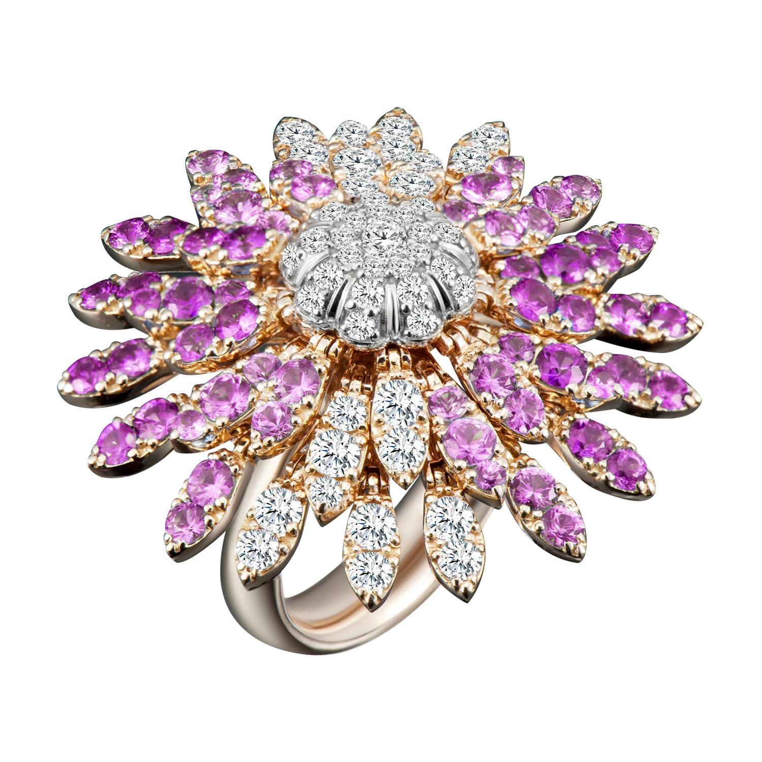 Modern Gold Kinetic Flower Petal White Diamond and Pink Sapphire Cocktail Ring For Sale
