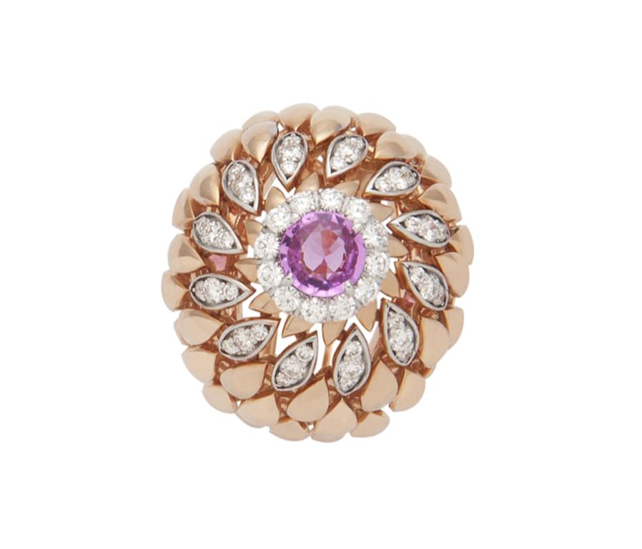 Women's Modern Gold Kinetic Flower Twist Diamond Pink Sapphire Ring For Sale