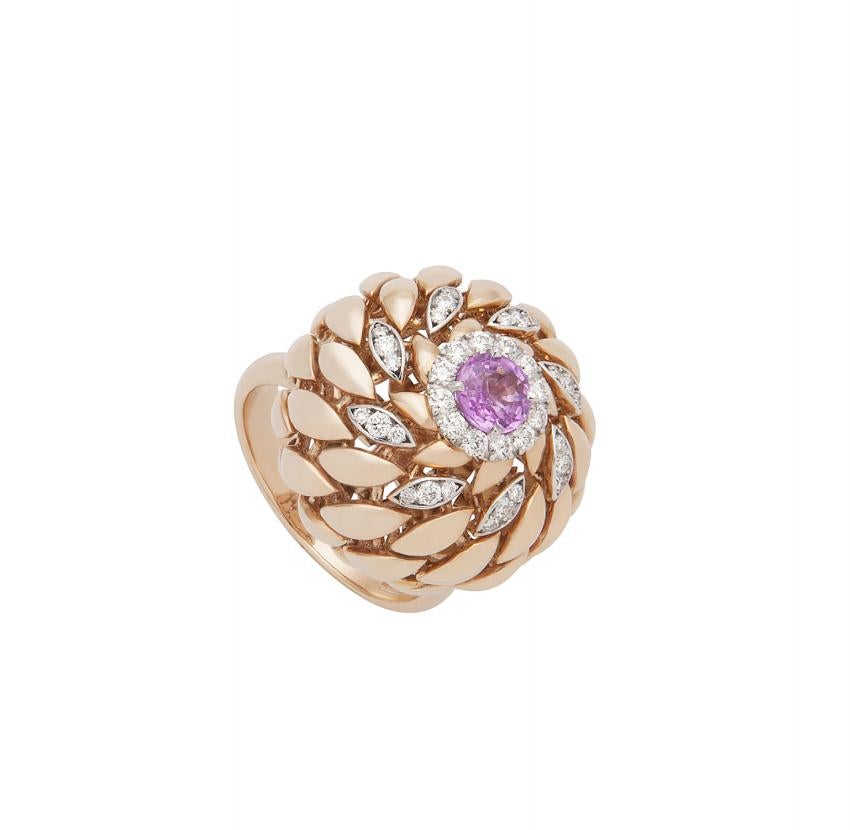 Modern Gold Kinetic Flower Twist Diamond Pink Sapphire Ring For Sale 1