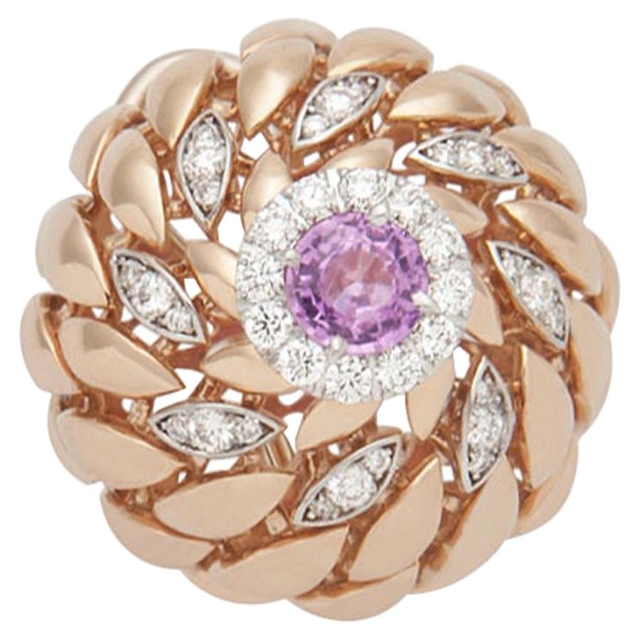Round Cut Modern Gold Kinetic Flower Twist Diamond Pink Sapphire Ring For Sale