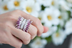 Modern Gold Kinetic Petal Gold Pink Sapphire, Ruby and Diamond Cocktail Ring
