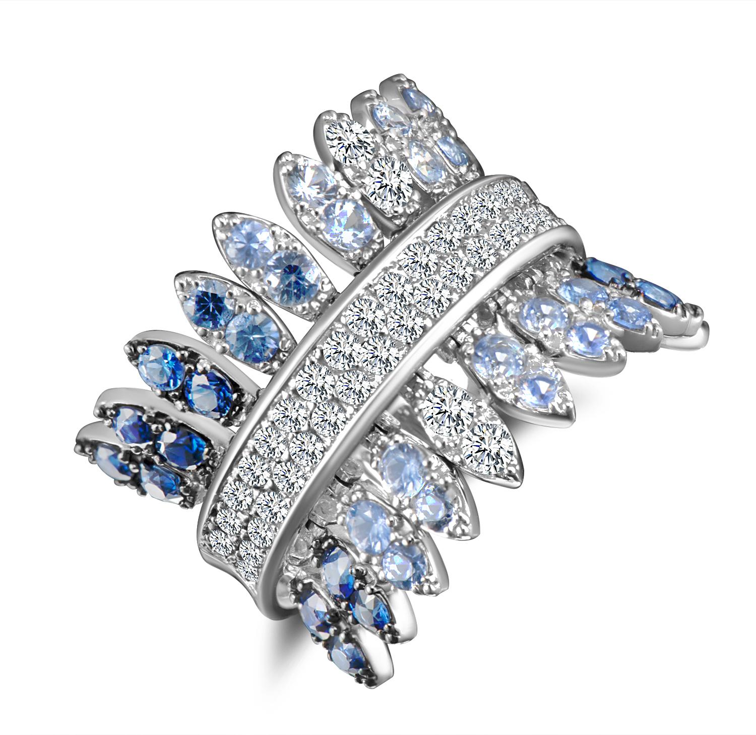 Women's Modern Gold Kinetic Petal White Diamond and Blue Sapphire Cocktail Ring For Sale