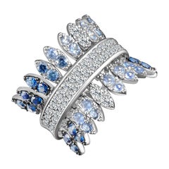 Modern Gold Kinetic Petal White Diamond and Blue Sapphire Cocktail Ring